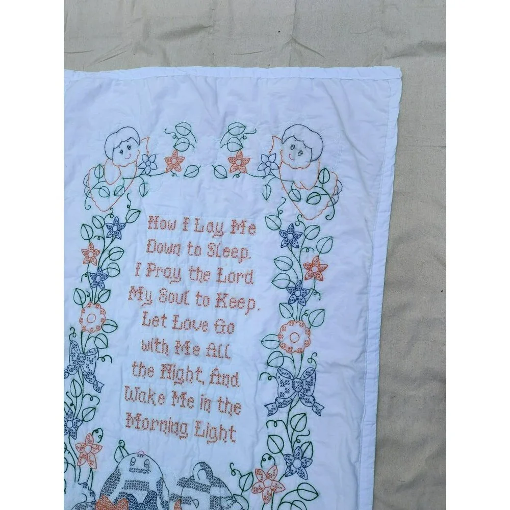 Handmade Baby Quilt Embroidered Prayer Angels Puppies Flowers Now I Lay 37